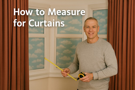 Lee measuring a bay window for curtains