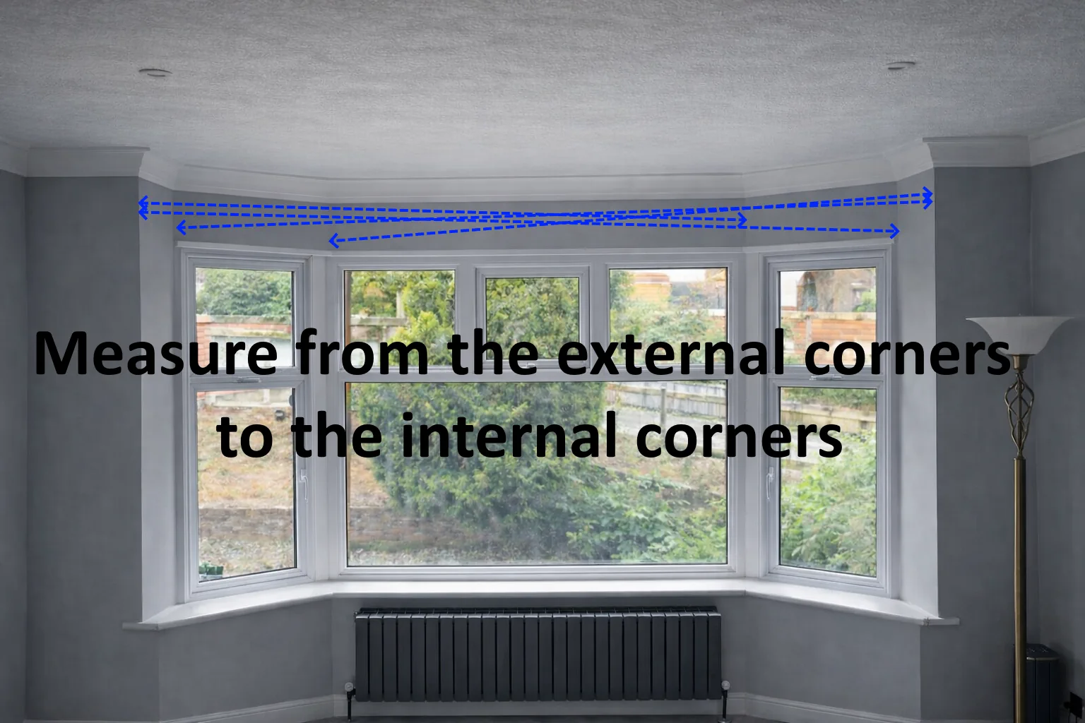 Measure the diagonals in the bay window, from external corners ot innternal corners