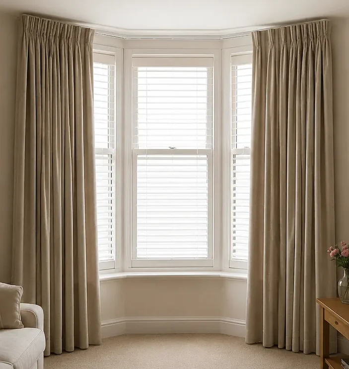 Pinch pleat curtains hanging from a curtain track in a bay window