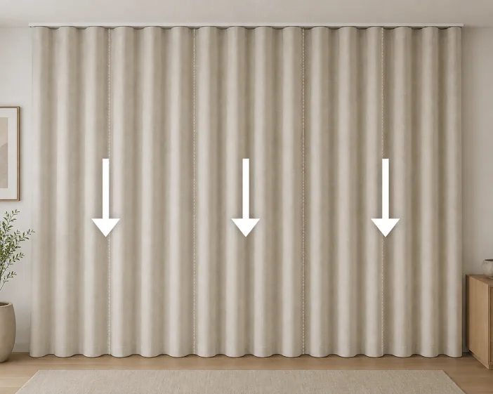 Traditional narrow width fabric running down the curtains is not the best for wave curtains